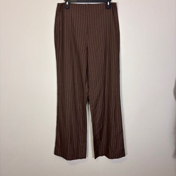Reformation Brown Pinstriped Wide Leg Pull On Dress Pants 8 - Picture 1 of 9